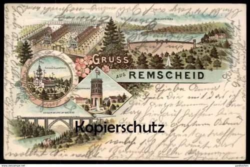 ALTE LITHO POSTKARTE GRUSS AUS REMSCHEID AUSSTELLUNGS-GEBÄUDE WASSERTHURM KÜPPELSTEIN THALSPERRE Ansichtskarte postcard