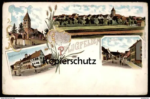 ALTE LITHO POSTKARTE GRUSS AUS PFLUGFELDEN SCHULSTRASSE HAUPTSTRASSE RATHAUS TOTAL LUDWIGSBURG Ansichtskarte postcard AK