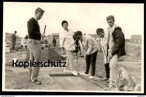 ALTE FOTO POSTKARTE NORDSEEBAD BORKUM MINIGOLF 1958 crazy miniature golf Familie family Ansichtskarte postcard cpa AK