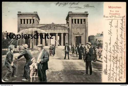ALTE POSTKARTE MÜNCHEN BEWÄSSERUNG HUMOR VOR DEN PROPYLÄEN Fotomontage montage photo Ansichtskarte AK cpa postcard