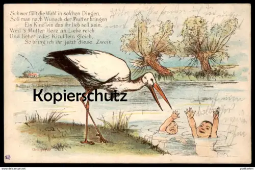 ALTE KÜNSTLER POSTKARTE STORCH ZWILLINGE HUMOR NACKTE BABYS twins jumeaux Humour Enfant Bébé nu nude Cigogne Stork cpa