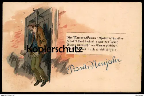 ALTE POSTKARTE MUCKER GAUNER HALSABSCHNEIDER SCHAFFT EUCH DOCH ALLE AUS DER WELT SUIZID SELBSTMORD ERHÄNGEN SUICIDE hang