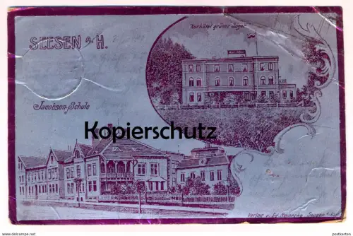 ALTE LITHO POSTKARTE SEESEN AM HARZ JACOBSON SCHULE SYNAGOGE KURHOTEL GRÜNER JÄGER synagogue shul Ansichtskarte postcard