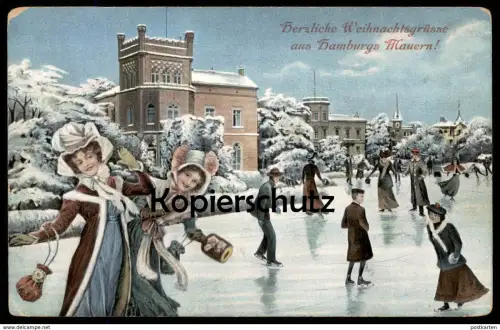 ALTE POSTKARTE HERZLICHE WEIHNACHTSGRÜSSE AUS HAMBURGS MAUERN HAMBURG WEIHNACHTEN SCHNEE ice skating Eislaufen Feenteich