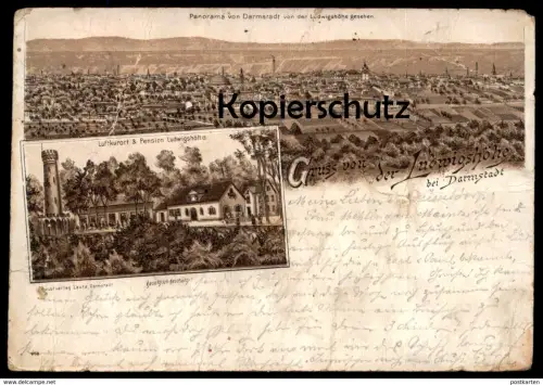 ALTE LITHO POSTKARTE GRUSS VON DER LUDWIGSHÖHE BEI DARMSTADT 1894 Vorläufer Pension Panorama Ansichtskarte cpa postcard