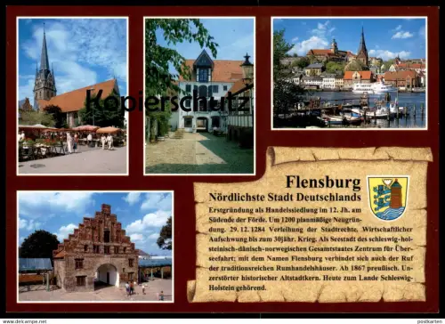 POSTKARTE FLENSBURG WAPPEN & GESCHICHTE CHRONIK Chronikkarte chronique chronicle storycard postcard cpa AK Ansichtskarte