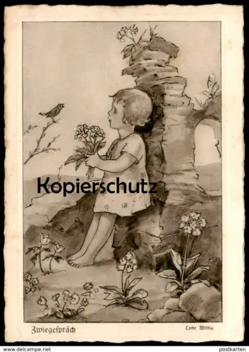 ALTE POSTKARTE ZWIEGESPRÄCH MÄDCHEN & VOGEL KIND 1931 LOTTE WITTIG child bird enfant Oldenburg-Wittig postcard cpa