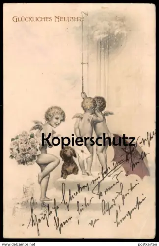 ALTE POSTKARTE ENGEL PUTTEN LIEBESBRIEF DACKEL NEUJAHR Schirm umbrella parapluie nude angel teckel basset dachshund dog
