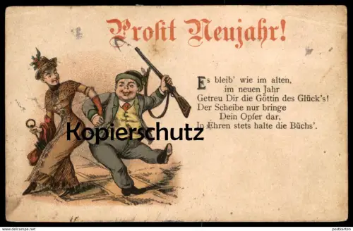 ALTE POSTKARTE PROSIT NEUJAHR JÄGER EHEFRAU BÜCHSE femme Humor hunter Jagd chasseur Spruch AK Ansichtskarte cpa postcard