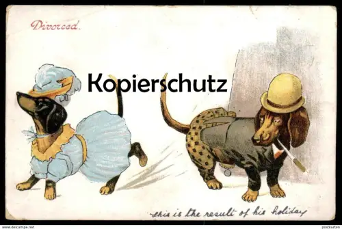 ALTE POSTKARTE DACKEL VERMENSCHLICHT DIVORCED 1907 Scheidung divorce geschieden teckel basset dachshund Humor humour dog
