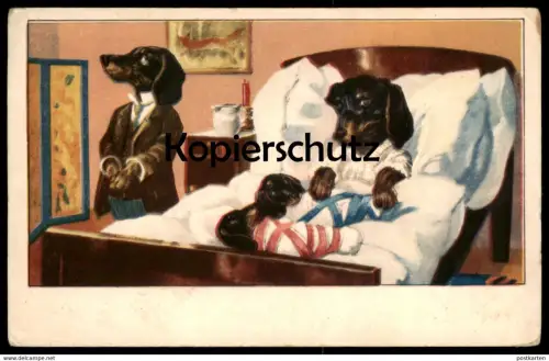 ALTE POSTKARTE DACKEL FAMILIE VERMENSCHLICHT KRANK MUTTER BETT Illness teckel basset dachshund Fuchs fox renard cpa