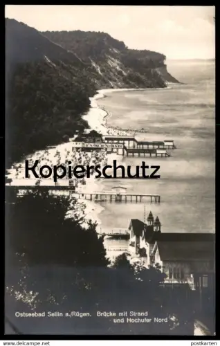 ALTE POSTKARTE INSEL RÜGEN OSTSEEBAD SELLIN BRÜCKE MIT STRAND UND HOCHUFER NORD Ansichtskarte AK postcard cpa