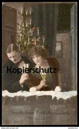 ALTE POSTKARTE PAAR EHEPAAR SEKT GESCHMÜCKTER WEIHNACHTSBAUM GLÜCKWUNSCH ZUM NEUEN JAHR 1917 couple Ansichtskarte cpa AK