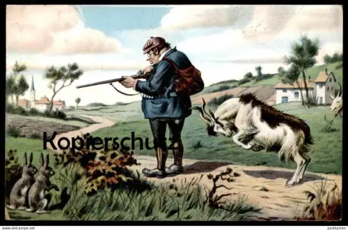 ALTE POSTKARTE JÄGER ANGRIFF ZIEGENBOCK 1911 Humor hunter Jagd chasseur Ziege goat chèvre Hasen Ansichtskarte postcard
