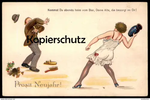 ALTE POSTKARTE PROSIT NEUJAHR BIER ALKOHOL EHEFRAU ALTE alcohol alcool beer drunken Humor humour postcard cpa AK