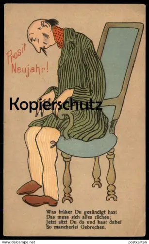 ALTE POSTKARTE PROSIT NEUJAHR SÜNDE ALTER GEBRECHEN KRANKHEITEN age illness maladie disease Humor humour postcard cpa AK