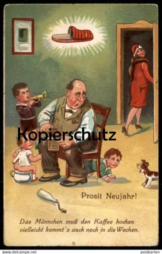 ALTE POSTKARTE PROSIT NEUJAHR PANTOFFELHELD MIT KAFFEEMÜHLE NACHTTOPF ROLLENKLISCHEE pot de chambre humour postcard cpa