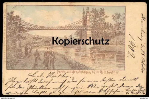 ALTE KÜNSTLER LITHO POSTKARTE HAMBURG PARTIE AUS DEN ANLAGEN BEIM HOLSTENTHOR Holstentor Ansichtskarte AK postcard photo