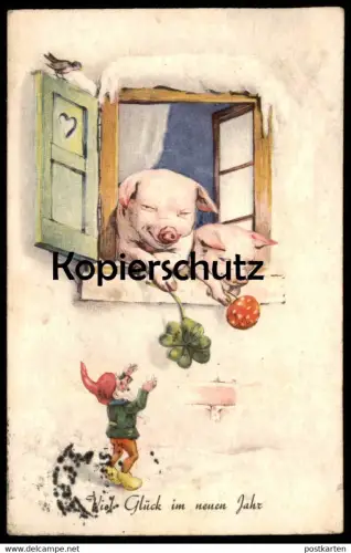 ALTE POSTKARTE ZWERG & SCHWEIN VIEL GLÜCK IM NEUEN JAHR dwarf midget nain pig cochon Fliegenpilz Ansichtskarte postcard