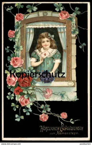 ALTE PRÄGE POSTKARTE HERZLICHEN GLÜCKWUNSCH ZUM NAMENSTAGE Namenstag Mädchen girl fille Kind child enfant flowers cpa AK