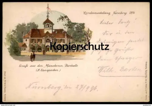 ALTE POSTKARTE LANDESAUSSTELLUNG NÜRNBERG 1896 GRUSS AUS MÜNCHENER BIERHALLE SONDERSTEMPEL Ansichtskarte postcard cpa AK