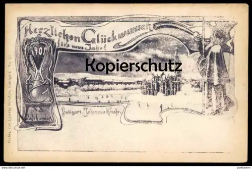 ALTE POSTKARTE STUTTGART NEUJAHR 1901 20. JAHRHUNDERT JOHANNISKIRCHE WINTER EISLAUFEN TURMBLÄSER Ansichtskarte postcard