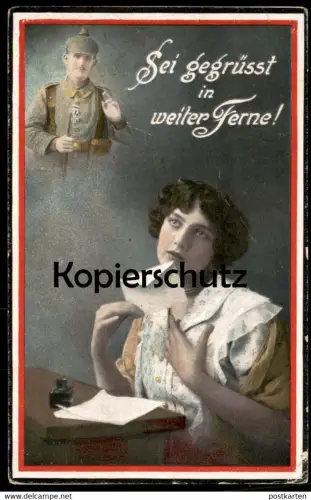 ALTE POSTKARTE SEI GEGRÜSST IN WEITER FERNE! FRAU HERZSCHMERZ LIEBE WELTKRIEG SOLDAT Ansichtskarte postcard cpa AK