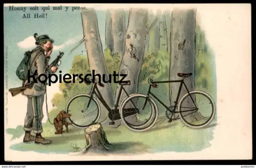 ALTE POSTKARTE JÄGER ERWISCHT LIEBESPAAR ALL HEIL RAD DACKEL JAGD DACHSHUND HUMOR hunter hunting teckel postcard AK cpa