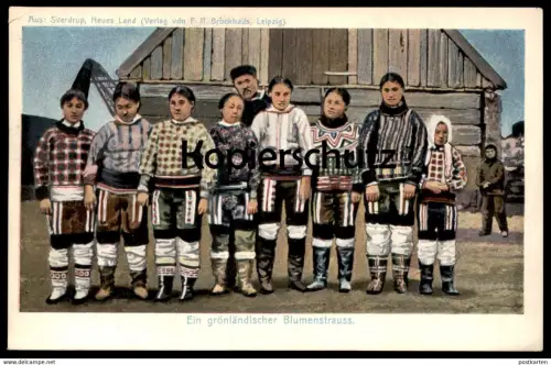 ALTE POSTKARTE EIN GRÖNLÄNDISCHER BLUMENSTRAUSS GRÖNLAND OTTO SVERDRUP NEUES LAND Tracht traditional costume Kaloallit