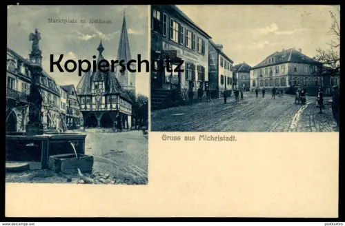 ALTE POSTKARTE GRUSS AUS MICHELSTADT MARKTPLATZ MIT RATHAUS F. RAMANN BUCHHANDLUNG MUSIKALIEN postcard Ansichtskarte cpa