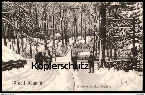 ALTE POSTKARTE KIEL 1908 PROSIT NEUJAHR DÜSTERNBROOKER GEHÖLZ Düsternbrook Winter Schnee snow Uniform Pferde postcard AK