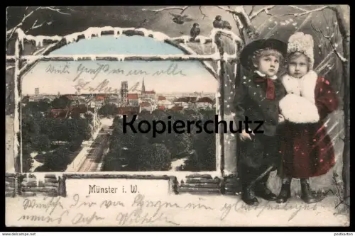 ALTE JUGENDSTIL POSTKARTE MÜNSTER I. W. KINDER PAAR IM SCHNE children couple enfants Ansichtskarte cpa postcard AK
