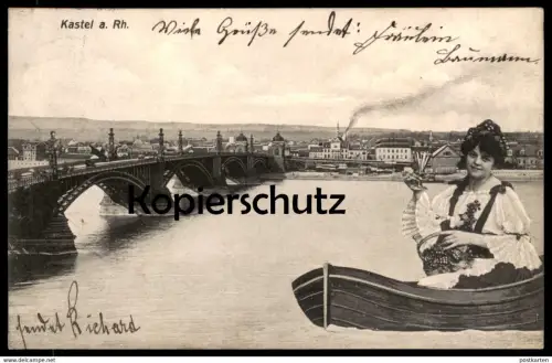 ALTE POSTKARTE MAINZ KASTEL AM RHEIN WEINKÖNIGIN AUF BOOT FRAU Rheinwein Ansichtskarte cpa postcard AK