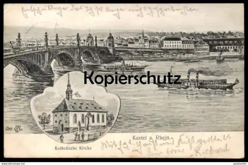 ALTE LITHO POSTKARTE KASTEL AM RHEIN KATHOLISCHE KIRCHE MAINZ DAMPFER SCHIFF PANORAMA Ansichtskarte cpa postcard AK