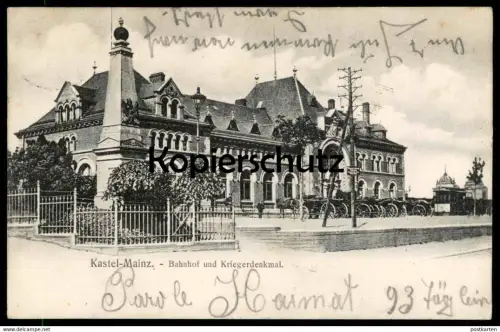 ALTE POSTKARTE KASTEL - MAINZ BAHNHOF UND KRIEGERDENKMAL DENKMAL gare station Ansichtskarte cpa postcard AK