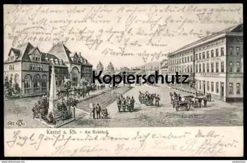 ALTE LITHO POSTKARTE KASTEL AM RHEIN AM BAHNHOF MAINZ KUTSCHEN BAHNHOF HOTEL gare station Ansichtskarte cpa postcard AK