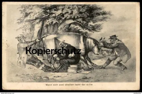 ALTE POSTKARTE WENN SICH ZWEI STREITEN LACHT DER DRITTE Rechtsanwalt Anwalt advocate lawyer avocat Kuh cow cpa AK