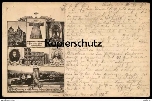 ALTE VORLÄUFER POSTKARTE TRIER 1892 ERINNERUNG AN DIE AUSSTELLUNG HEILIGER ROCK LEO XIII. KORUM postcard Ansichtskarte