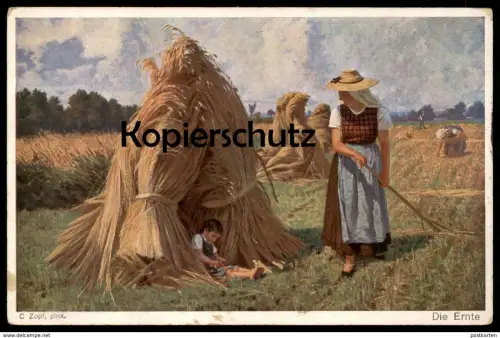 ALTE KÜNSTLER POSTKARTE DIE ERNTE C. ZOPF HEU GETREIDE Mädchen Kind harvest crop récolte Bauer farmer postcard AK cpa