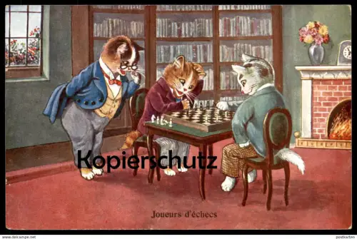 ALTE POSTKARTE JOUEURS D'ÉCHECS KATZEN SPIELEN SCHACH CATS PLAYING CHESS Katze cat chat chats cpa postcard
