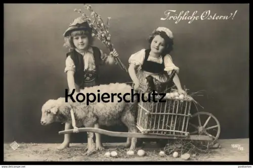 ALTE POSTKARTE FRÖHLICHE OSTERN KINDER SCHAF MIT KARREN Huhn sheep children child easter postcard Ansichtskarte cpa AK