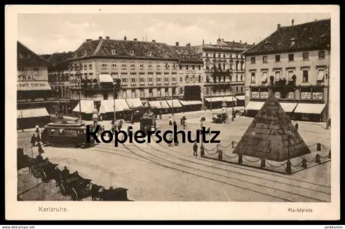 ALTE POSTKARTE KARLSRUHE MARKTPLATZ ADOLF STEIN CARL SCHOPF CAFÉ CENTRAL STEMPEL VERWUNDETENHEIM STADTGARTEN postcard AK