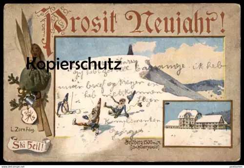 ALTE KÜNSTLER POSTKARTE PROSIT NEUJAHR FELDBERG LUDWIG ZORN ZWERGE FAHREN SKI nains midget skiing dwarfs postcard cpa AK