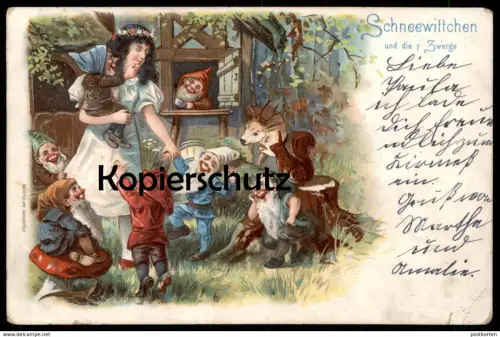 ALTE LITHO POSTKARTE SCHNEEWITTCHEN UND DIE SIEBEN ZWERGE Märchen fairy tall snow white blanche-neige nains dwarfs Reh 7