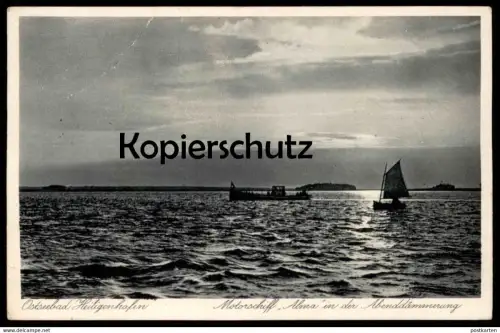 ALTE POSTKARTE OSTSEEBAD HEILIGENHAFEN MOTORSCHIFF MS ALMA IN DER ABENDDÄMMERUNG Schiff ship postcard cpa Ansichtskarte