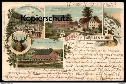 ALTE LITHO POSTKARTE GRUSS VON DER FORELLENMÜHLE MOSEL BEI ZWICKAU 1901 SCHIESSSTAND Hirsch deer Ansichtskarte postcard