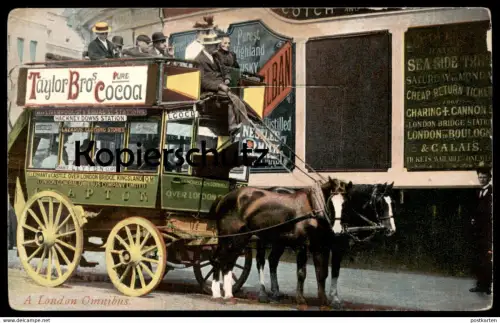ALTE POSTKARTE A LONDON OMNIBUS BUS Reklame Taylor Bro's Cocoa Leyton Lazarus Hackney Station Highland Whisky postcard