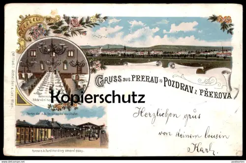 ALTE LITHO POSTKARTE GRUSS AUS PRERAU POZDRAV Z PREROVA BAHNHOF NORDBAHN BAHNRESTAURATION gare station AK cpa postcard