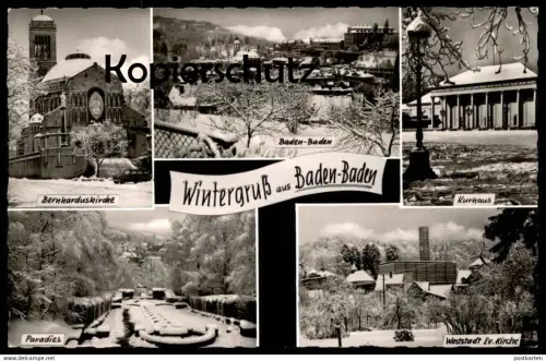 ÄLTERE POSTKARTE WINTERGRUSS AUS BADEN-BADEN BERNHARDUSKIRCHE KURHAUS WESTSTADT PARADIES WINTER Ansichtskarte postcard