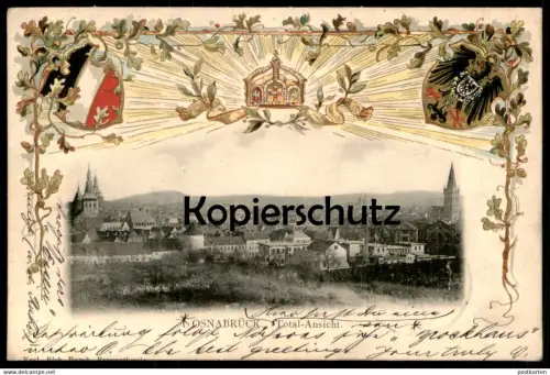 ALTE LITHO PRÄGE POSTKARTE OSNABRÜCK TOTAL-ANSICHT Krone Wappen Total Gesamtansicht Ansichtskarte postcard cpa AK